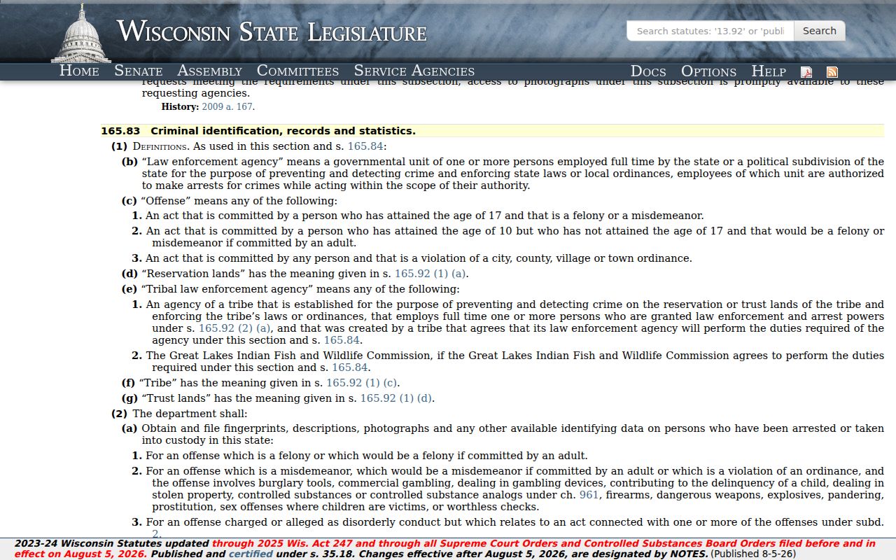 Wisconsin reporting statute for Lone Rock criminal history records