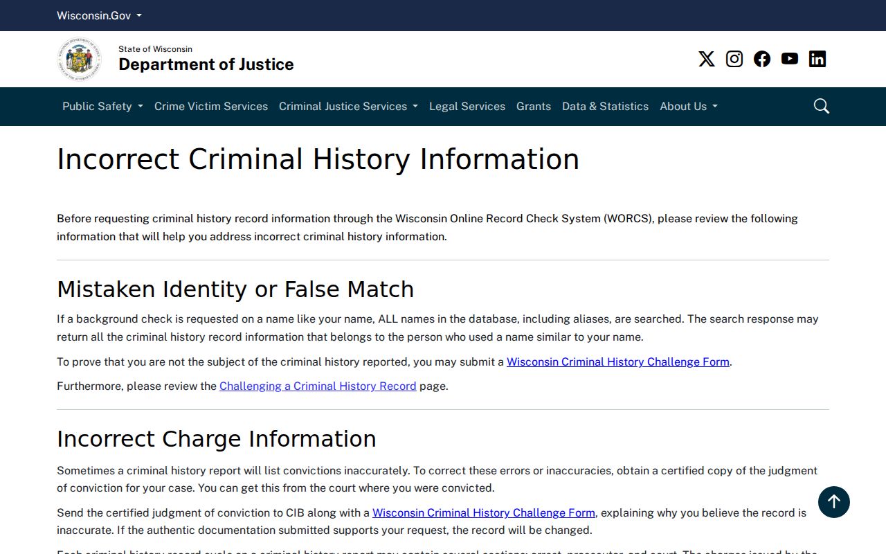 Wisconsin DOJ correction process for Richland County arrest history