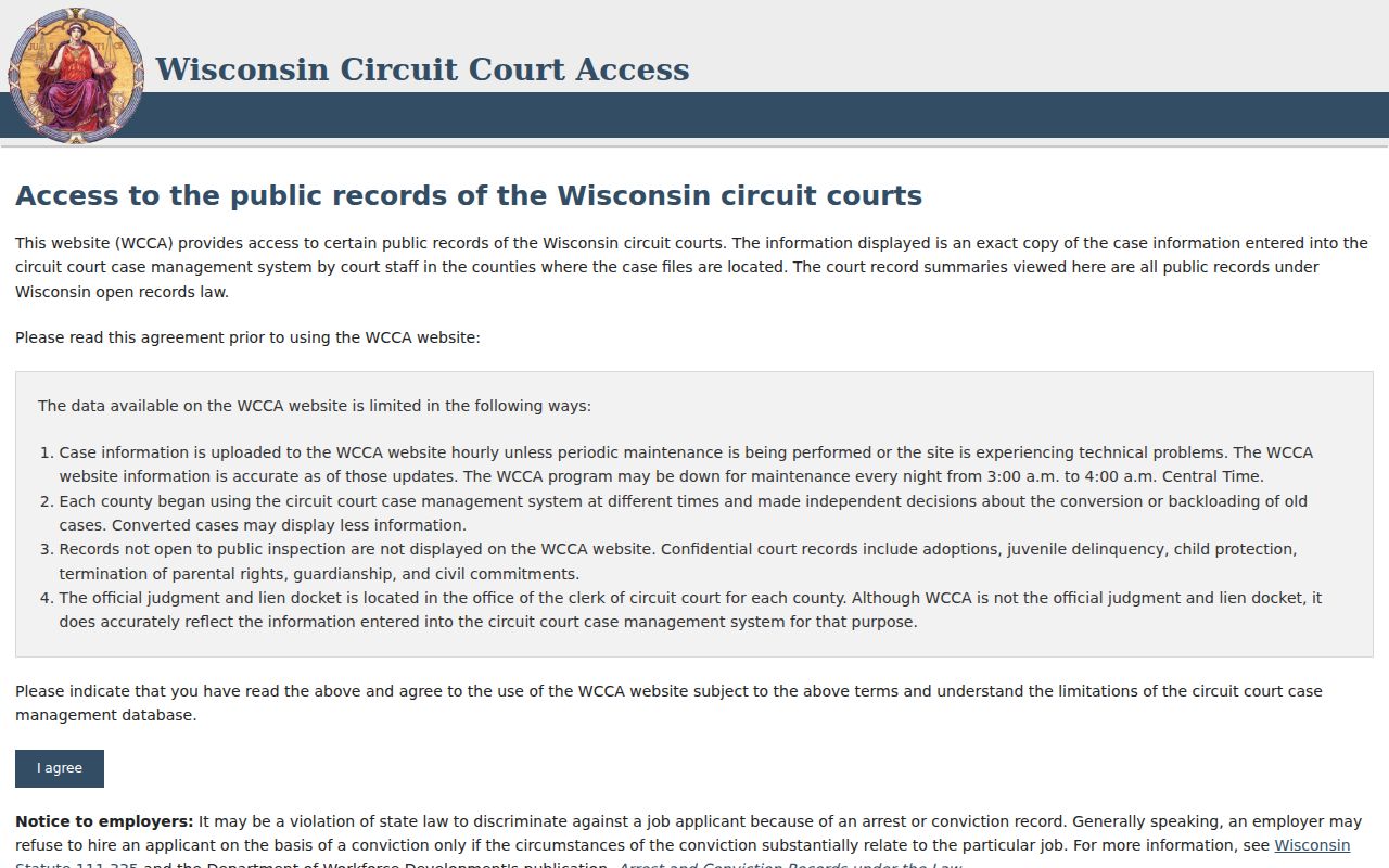 Richland County court case lookup screen in WCCA