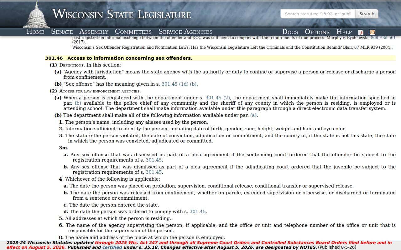 Wisconsin notification statute for Richland County sex offender records